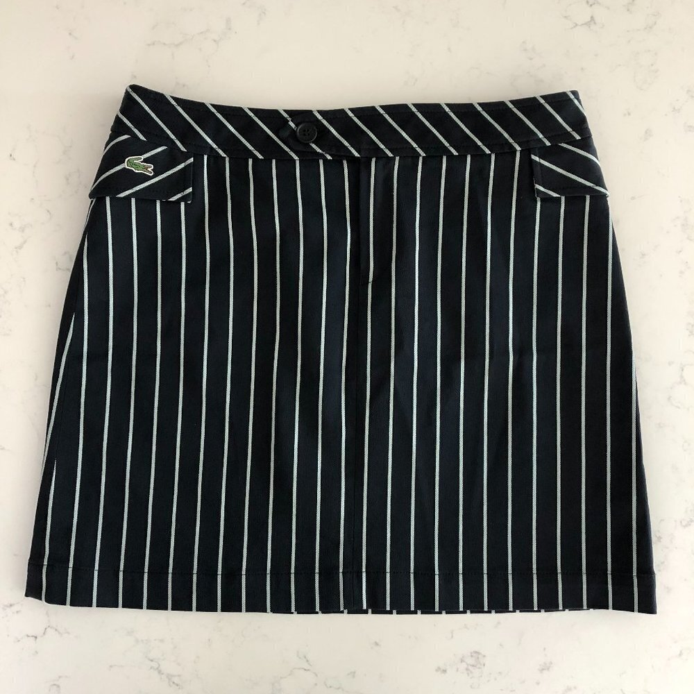 Lacoste Striped Cotton Sporty Mini Skirt w Side Pockets Black + Grey Sz 38